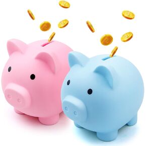 2 Pack Plastic Cute Pig Money Bank,Unbreakable Piggy Saving Money Box Coin Bank for Boys Girls Kids Adults Home Decoration(Blue and Pink)