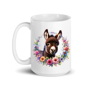 Donkey Ceramic Coffee Mug, 15 oz., Hand Painted, Floral Design