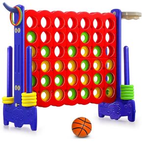 MMBABY Giant 4-in-A-Row, Jumbo 4-to-Score Giant Game/Basketball Hoop, Ring Toss, Quick-Release Slider, Game Set with 42 Jumbo Rings & Quick-Release Slider (Blue)