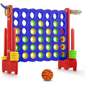 MMBABY Giant 4-in-A-Row، حلقة كرة سلة/لعبة عملاقة كبيرة الحجم 4-to-Score، حلقة إرم، منزلق سريع التحرير، مجموعة ألعاب مع 42 حلقة ضخمة ومنزلق سريع الإصدار (أزرق)