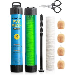 5M PVA Mesh Kit with Scissors 18mm 25mm 37mm 44mm Wide PVA Mesh Carp Fishing Accessories with Funnel & Plunger System Fast Melt PVA Mesh Bag Fishing Refill for Boilie Bait Feeding (5M, 37mm)