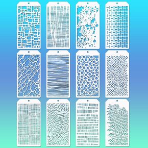 Mixed Media Art Stencils, 12 Pcs Abstract Stencils Crackle Marble Splatter Grain Bubble Background Texture Stencils for Airbrush Painting Card Making Supplies, Layering Stencils for DIY Crafts Paper