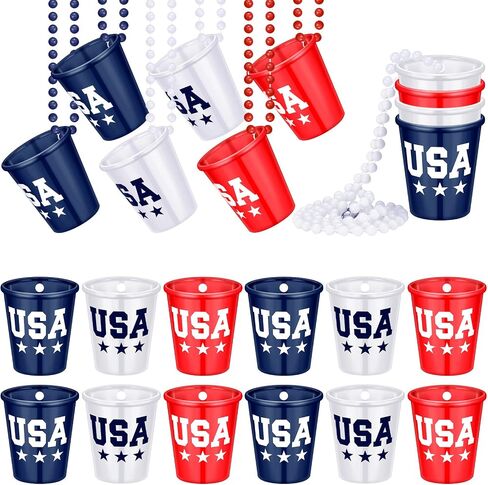 12 Pieces 4th of July Shot Glass on Beaded Necklace Independence Day Patriotic Shot Glass Beaded Necklace USA Party Plastic Shot Cup Necklace for Patriotic Birthday Wedding Party Supplies (3 Styles) in Saudi Arabia