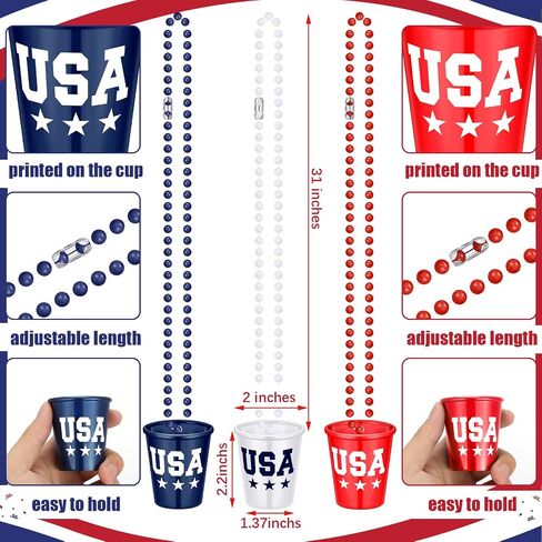 12 Pieces 4th of July Shot Glass on Beaded Necklace Independence Day Patriotic Shot Glass Beaded Necklace USA Party Plastic Shot Cup Necklace for Patriotic Birthday Wedding Party Supplies (3 Styles) in Saudi Arabia