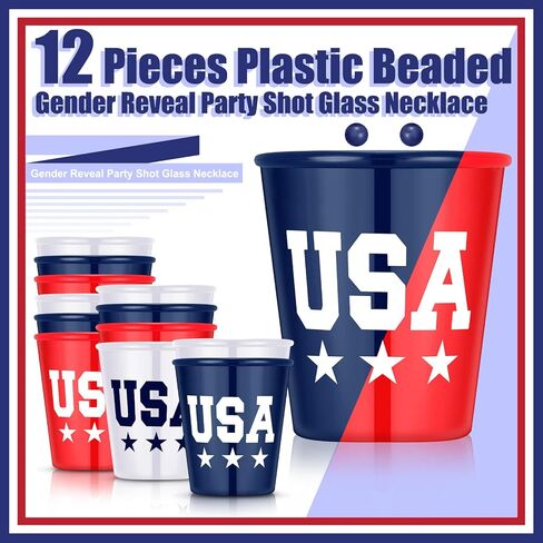 12 Pieces 4th of July Shot Glass on Beaded Necklace Independence Day Patriotic Shot Glass Beaded Necklace USA Party Plastic Shot Cup Necklace for Patriotic Birthday Wedding Party Supplies (3 Styles) in Saudi Arabia