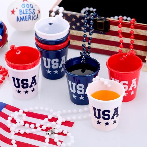 12 Pieces 4th of July Shot Glass on Beaded Necklace Independence Day Patriotic Shot Glass Beaded Necklace USA Party Plastic Shot Cup Necklace for Patriotic Birthday Wedding Party Supplies (3 Styles) in Saudi Arabia