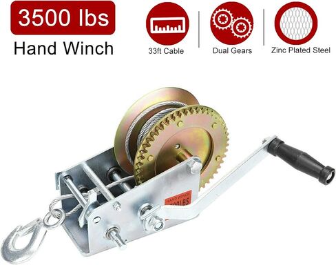 BLACKHORSE-RACING 3500 lbs Hand Winch with 33FT Cable, Hardened Steel 2 Gear Manual Crank Winch for ATV RV Boat Trailer Truck Marine Winch Heavy Duty Hand Crank Winch with Hook in Saudi Arabia