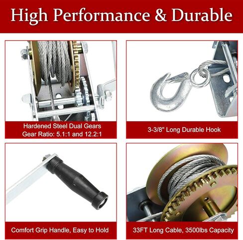 BLACKHORSE-RACING 3500 lbs Hand Winch with 33FT Cable, Hardened Steel 2 Gear Manual Crank Winch for ATV RV Boat Trailer Truck Marine Winch Heavy Duty Hand Crank Winch with Hook in Saudi Arabia