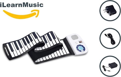 iLearnMusic رول أب بيانو | بيانو لوحة مفاتيح محمول | لوحة مفاتيح البيانو الكهربائية ذات لفة يدوية | سيليكون ممتاز ومكبرات صوت مدمجة (49 مفتاحًا، أبيض) in Kuwait