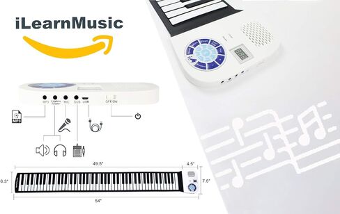iLearnMusic رول أب بيانو | بيانو لوحة مفاتيح محمول | لوحة مفاتيح البيانو الكهربائية ذات لفة يدوية | سيليكون ممتاز ومكبرات صوت مدمجة (49 مفتاحًا، أبيض) in Kuwait