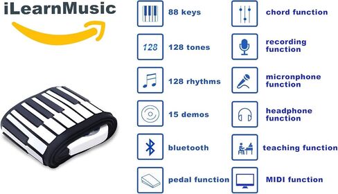 iLearnMusic رول أب بيانو | بيانو لوحة مفاتيح محمول | لوحة مفاتيح البيانو الكهربائية ذات لفة يدوية | سيليكون ممتاز ومكبرات صوت مدمجة (49 مفتاحًا، أبيض) in Kuwait