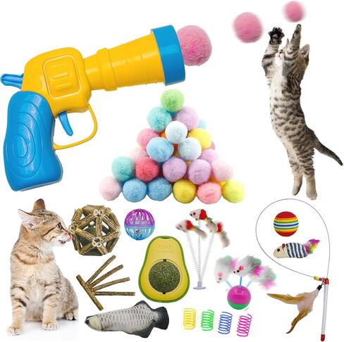 Glamflapin Cat Toys Bulk for Indoor Cats - Cat Toy Ball Launcher Gun, Cat Wand, Catnip Toys Balls, Catnip Fish, Mice, Cat Spring Toys, Colorful Balls and Bells for Cat in Saudi Arabia