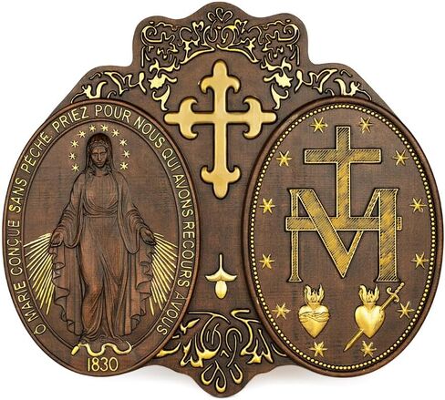 Miraculous Medal Wall Decor Handmade Wooden Virgin Mary Wall Plaque Religious Art Sculpture for Home Decor Christmas Gift (12 Inch) in Saudi Arabia