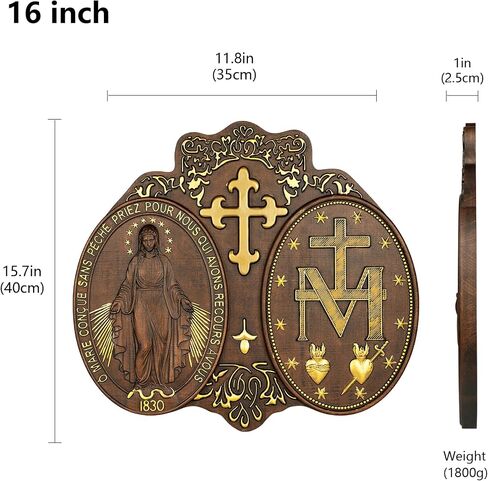 Miraculous Medal Wall Decor Handmade Wooden Virgin Mary Wall Plaque Religious Art Sculpture for Home Decor Christmas Gift (12 Inch) in Saudi Arabia