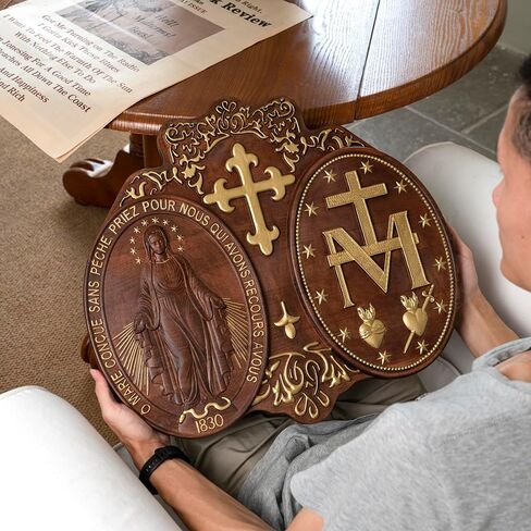Miraculous Medal Wall Decor Handmade Wooden Virgin Mary Wall Plaque Religious Art Sculpture for Home Decor Christmas Gift (12 Inch) in Saudi Arabia