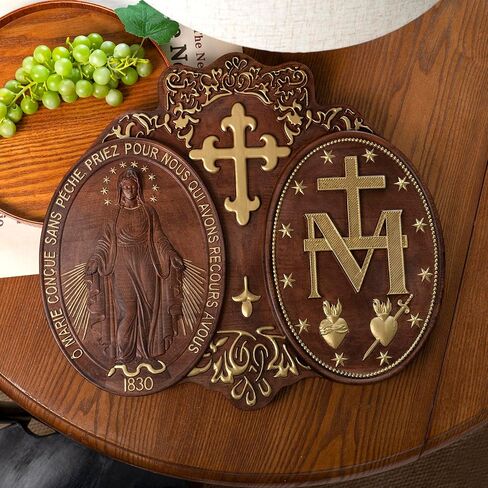Miraculous Medal Wall Decor Handmade Wooden Virgin Mary Wall Plaque Religious Art Sculpture for Home Decor Christmas Gift (12 Inch) in Saudi Arabia