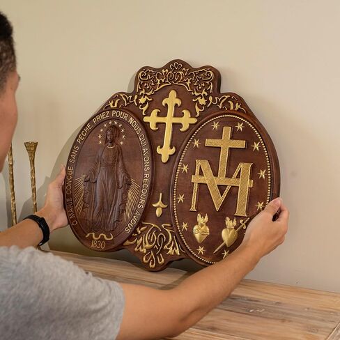Miraculous Medal Wall Decor Handmade Wooden Virgin Mary Wall Plaque Religious Art Sculpture for Home Decor Christmas Gift (12 Inch) in Saudi Arabia