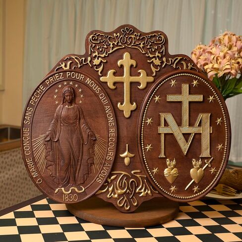 Miraculous Medal Wall Decor Handmade Wooden Virgin Mary Wall Plaque Religious Art Sculpture for Home Decor Christmas Gift (12 Inch) in Saudi Arabia
