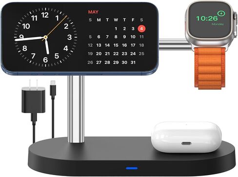 2024 Upgraded 3-in-1 Wireless Charging Station, Magnetic 15W Max Fast Charger Stand Compatible with 15/14/13/12 Series, Charger for Apple Watch, for Airpods & Multiple Devices, Black in Saudi Arabia