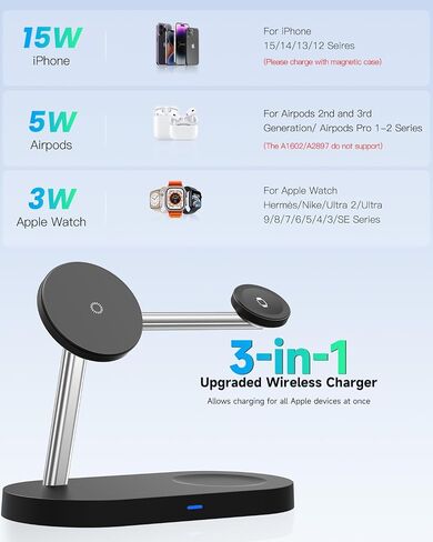 2024 Upgraded 3-in-1 Wireless Charging Station, Magnetic 15W Max Fast Charger Stand Compatible with 15/14/13/12 Series, Charger for Apple Watch, for Airpods & Multiple Devices, Black in Saudi Arabia