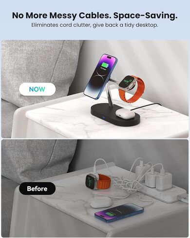2024 Upgraded 3-in-1 Wireless Charging Station, Magnetic 15W Max Fast Charger Stand Compatible with 15/14/13/12 Series, Charger for Apple Watch, for Airpods & Multiple Devices, Black in Saudi Arabia