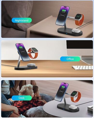 2024 Upgraded 3-in-1 Wireless Charging Station, Magnetic 15W Max Fast Charger Stand Compatible with 15/14/13/12 Series, Charger for Apple Watch, for Airpods & Multiple Devices, Black in Saudi Arabia