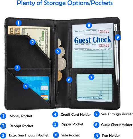 Server Books,Waitress Book Zipper Leather Serving Book Guest Check Book Server Note Pads Holder Organizer Wallet Money Holder Pouch Fit Apron (Black/White) in Saudi Arabia