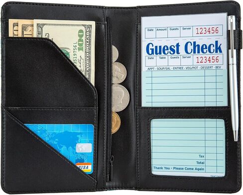 Server Books,Waitress Book Zipper Leather Serving Book Guest Check Book Server Note Pads Holder Organizer Wallet Money Holder Pouch Fit Apron (Black/White) in Saudi Arabia