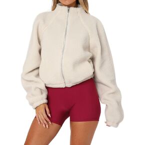 جاكيت نسائي بسحاب أمامي من الشيرلينغ الصناعي المنفوش تيدي بومبر معطف دافئ مع جيوب in Kuwait