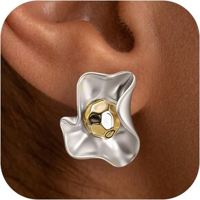 Gold and Silver Earrings for Women, Statement 14k Gold-Planed and Silver Hypoallergenic Earrings, Trendy Hammered asymmetrical and Curved Flowers Jewelry for Women & Gift in Saudi Arabia