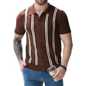 Knit Button Down Shirt Men- Men's Vintage Knit Polo Shirt- 70s Short Sleeve Retro Polo Shirts Vertical Stripes for Casual in Saudi Arabia
