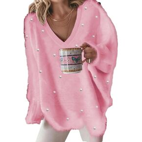 Chvity Long Sleeve Beaded Sweater for Women Fall Winter Fashion Loose Soft V Neck Casual Vacation Party Knitwear in Saudi Arabia