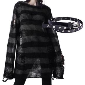 Women Goth Y2K Striped Sweater with Belt Ripped Punk Gothic Long Sweaters Grunge Distressed Halloween Pullover Tops in Saudi Arabia