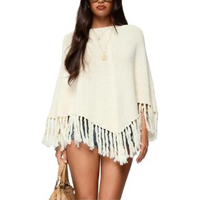 Women Tassel Poncho Sweater Mock Neck Fringed Hem Shawl Y2k Vintage Asymmetrical Pullover Cape Shrug Knitwear in Saudi Arabia