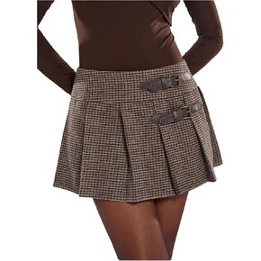 تنورة نسائية أنيقة منقوشة من التويد من Floerns ذات ثنيات وإبزيم معدني وخصر منخفض على شكل حرف A تنانير صغيرة in Kuwait