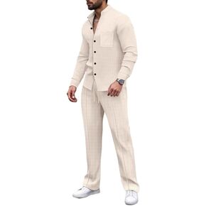 قميص رجالي بياقة واقفة وأكمام طويلة وسروال طويل وأزرار لأعلى وسروال كاجوال طقم مكون من قطعتين in Kuwait