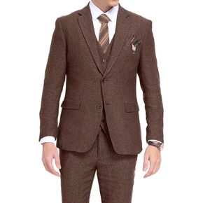 Retro 3 Piece Herringbone Tweed Suit Men's Wool Tuxedos Set Prom Brown Jacket Blazer Vest Pants Themed Wedding in Kuwait