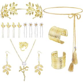 15 Pieces Greek Goddess Costume Accessories Set Golden Laurel Leaves Crown Upper Arm Coil Bracelet Necklace Pearl Drop Earrings Toga Waist Belt Bridal Wedding Party in Saudi Arabia
