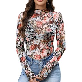 Womens Mesh Tops Lace Long Sleeve Shirts Mock Neck Slim Fitted Top See Through Tee Shirts Party Club Night Lace Blouse in Saudi Arabia
