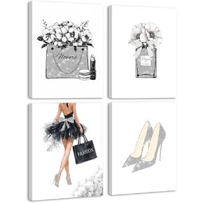 Drsoum Glam Fashion Makeup Room ديكور مؤطر وردي الجمال جرلي أنيق الحمام جدار الفن العطور حقائب اليد عالية الكعب صور غرفة النوم ديكورات النوم جاهزة للتعليق 8x10inx4pcs (مؤطرة) in Kuwait