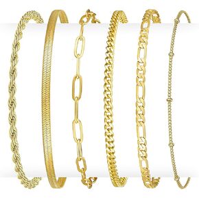 Gold Bracelets for Women Non Tarnish, 18K Gold Plated Stainless Steel Bracelets Set, Layered Cuban, Rope, Figaro, Herringbone, Satellite, Paperclip Chains, Dainty Jewelry Gifts, 6.5"+2" Extender in Saudi Arabia