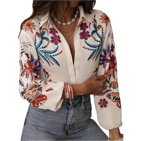 Chvity Women's Floral Printe Boho Long Sleeve Blouse Fall Fashion Button Up Cozy Shirts Office Work Casual Party Tops in Saudi Arabia