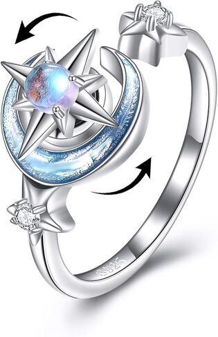 KZX Fidget Anxiety Rings for Women Moon and Star 925 Sterling Silver Spinner Rings for Anxiety Moonstone Adjustable Rings for Anxiety Star and Moon Stress Relief Rings in Saudi Arabia
