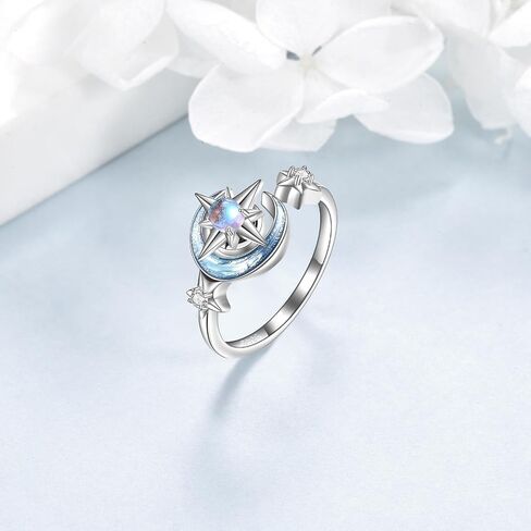 KZX Fidget Anxiety Rings for Women Moon and Star 925 Sterling Silver Spinner Rings for Anxiety Moonstone Adjustable Rings for Anxiety Star and Moon Stress Relief Rings in Saudi Arabia