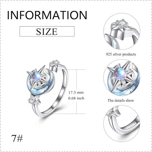 KZX Fidget Anxiety Rings for Women Moon and Star 925 Sterling Silver Spinner Rings for Anxiety Moonstone Adjustable Rings for Anxiety Star and Moon Stress Relief Rings in Saudi Arabia