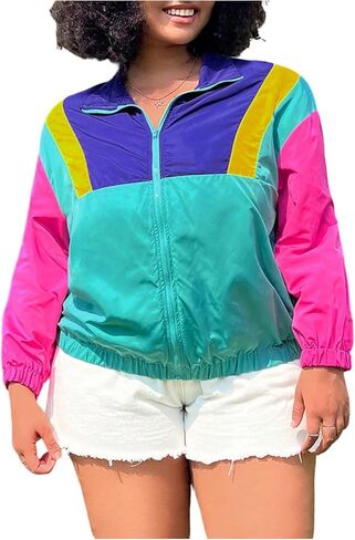 Floerns Women's Plus Size Color Block Jackets Collared Full Zip Long Sleeve Windbreaker Outwear in Saudi Arabia