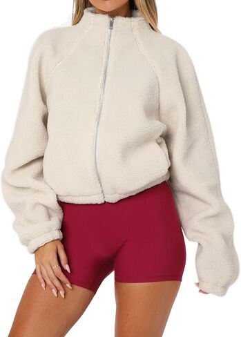 Women's Zip Front Faux Shearling Fluffy Teddy Bomber Jacket Warm Coat with Pockets in Saudi Arabia