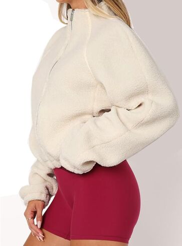Women's Zip Front Faux Shearling Fluffy Teddy Bomber Jacket Warm Coat with Pockets in Saudi Arabia