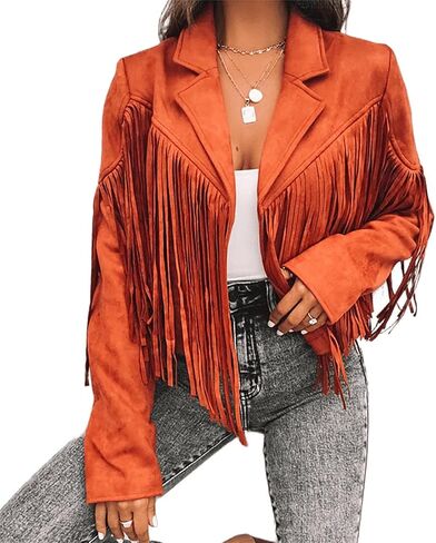 Women's Fringe Western Denim Short Jacket Blazer Collar Fringe Coat Trendy Fall Going-Out Long Sleeve Tops in Saudi Arabia