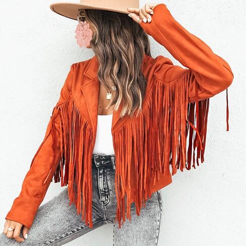 Women's Fringe Western Denim Short Jacket Blazer Collar Fringe Coat Trendy Fall Going-Out Long Sleeve Tops in Saudi Arabia